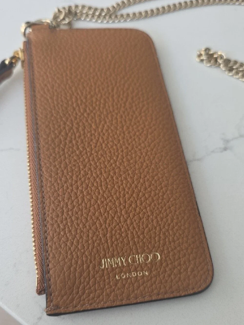 Like New Jimmy Choo Embossed Tan Leather Card Wallet with Gold Chain